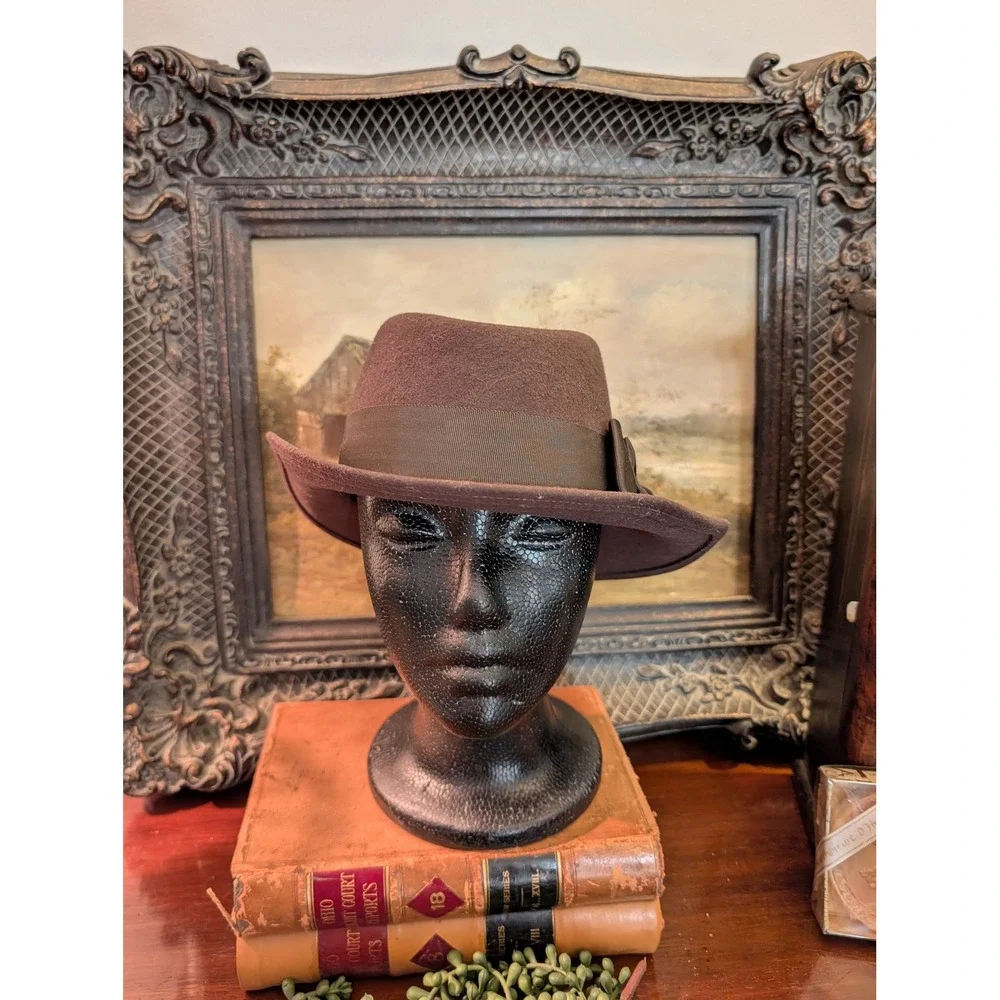 Doeskin Felt Brown 100% Wool Fedora Hat Grosgrain Ribbon Bow Geo W Bollman USA